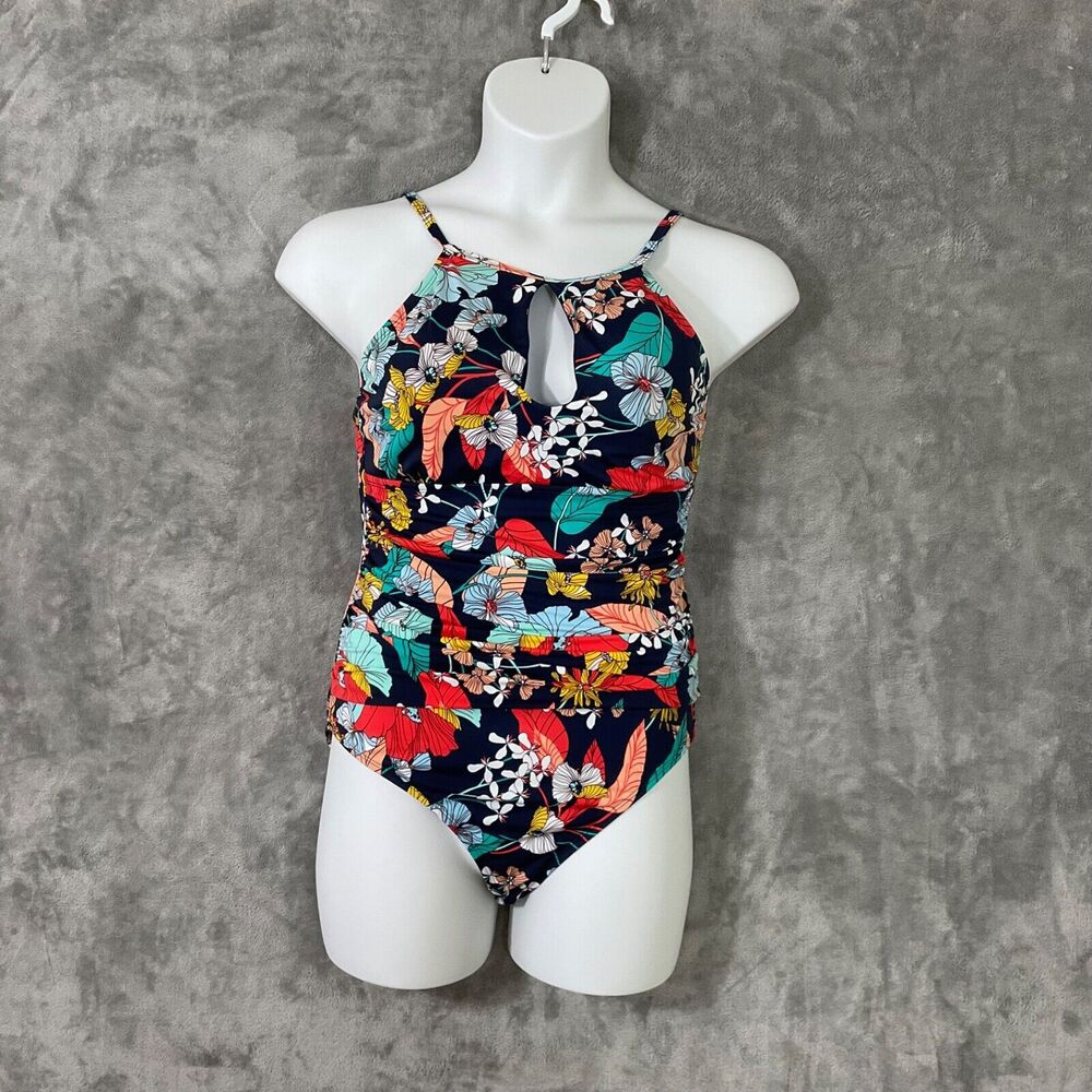 Ellen Tracy Women's Keyhole High Neck One Piece Swimsuit Floral  Size 14 EUC